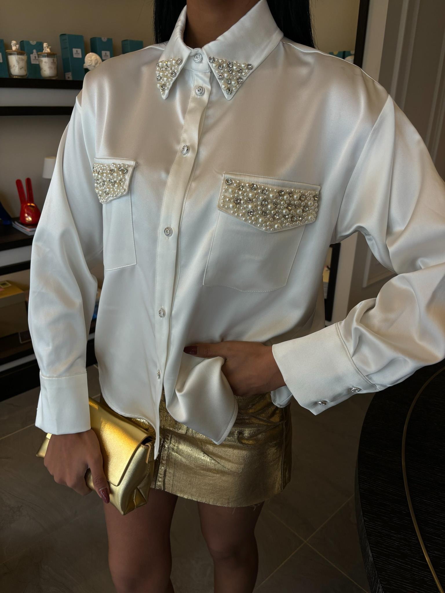 Yaka Ve Cep İnci Taşlı Saten Gömlek 3423 R6-E-K5