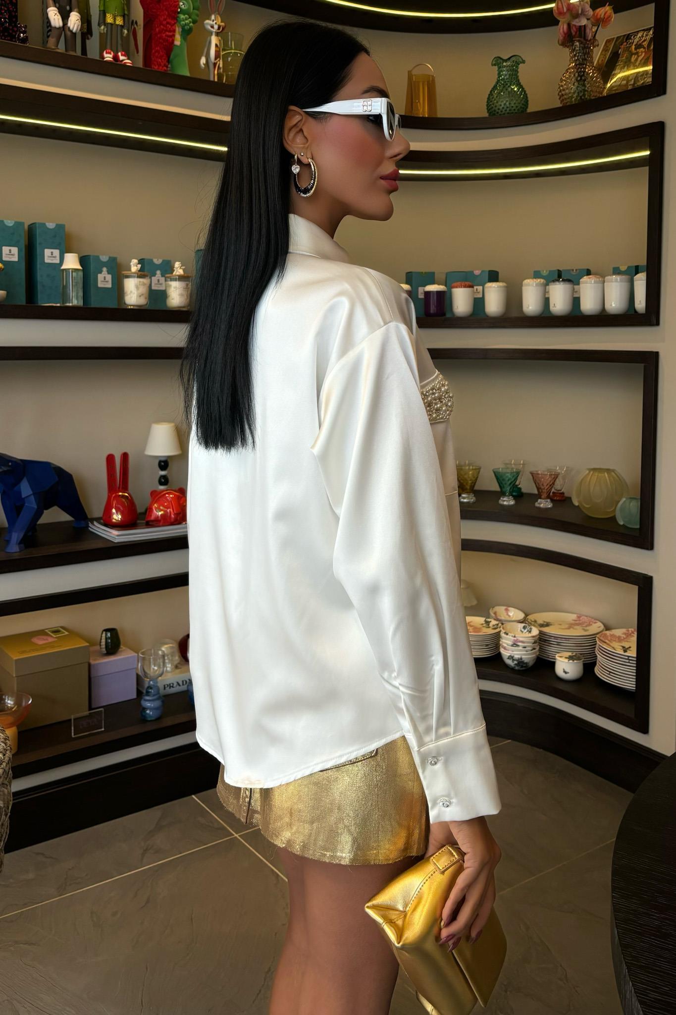 Yaka Ve Cep İnci Taşlı Saten Gömlek 3423 R6-E-K5