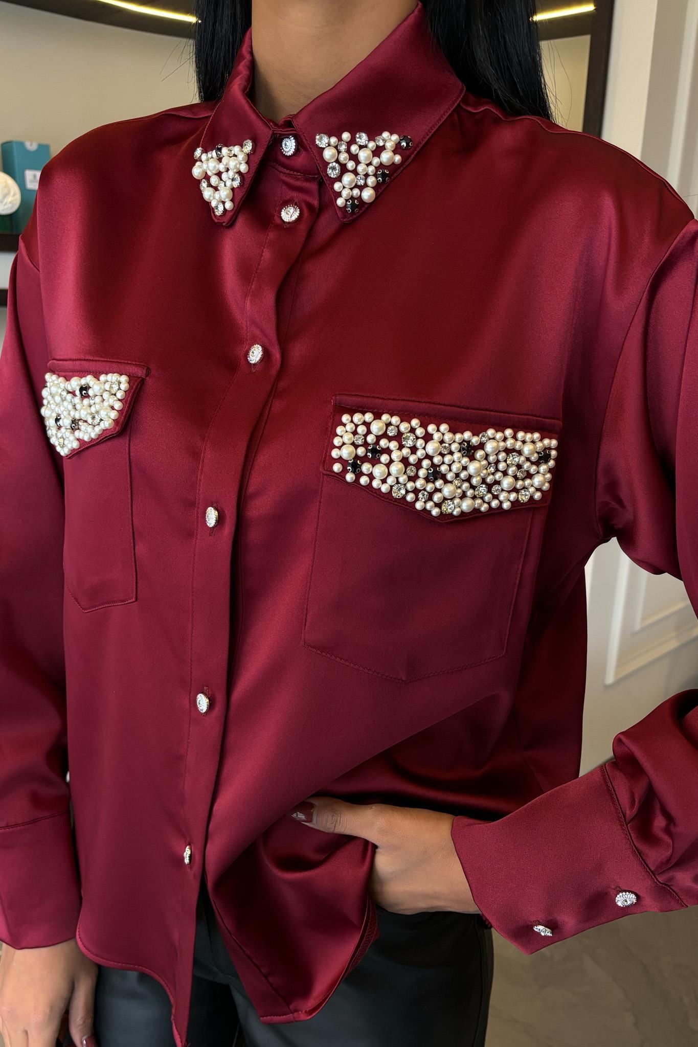 Yaka Ve Cep İnci Taşlı Saten Gömlek 3423 R6-E-K5