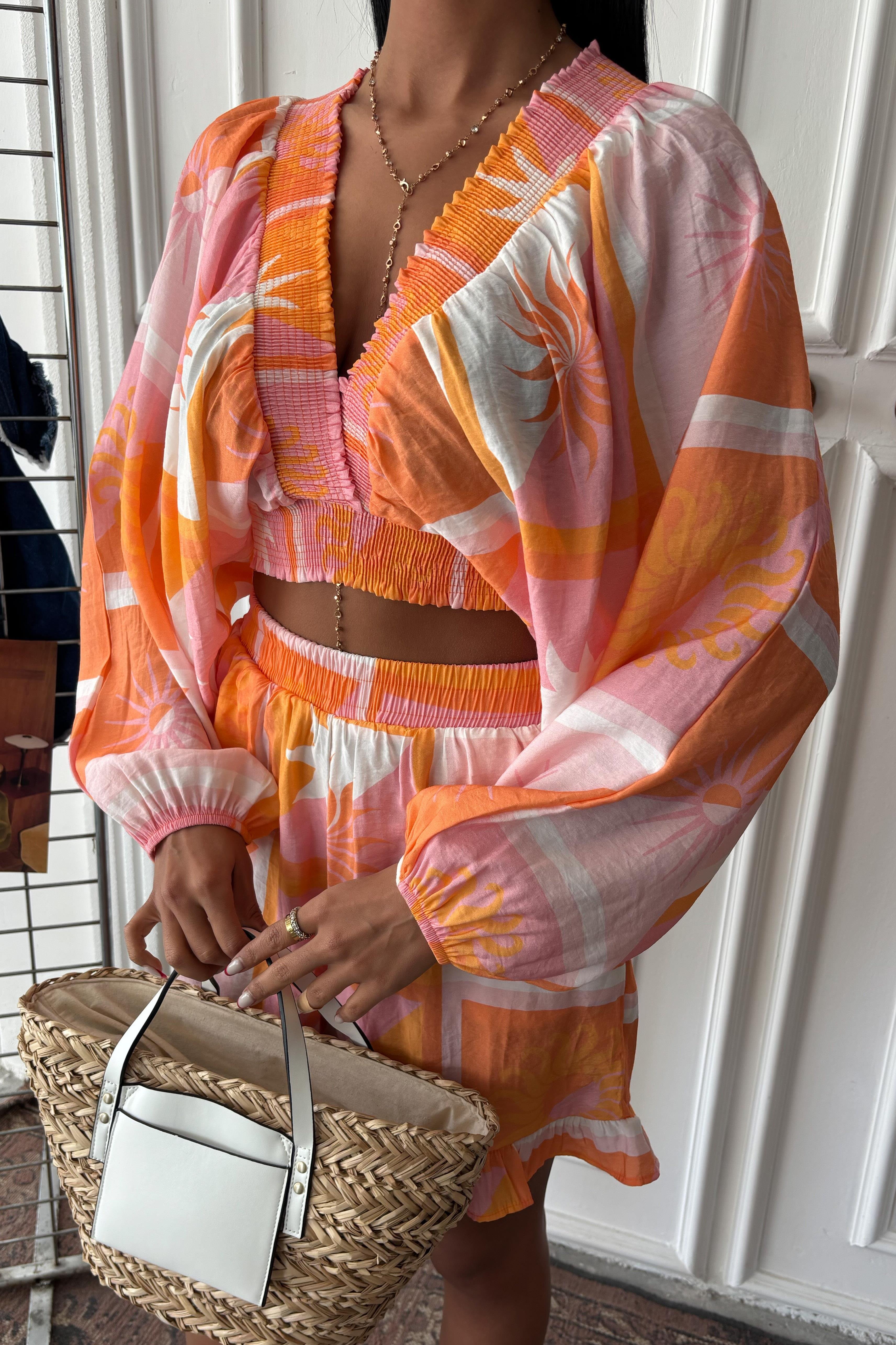 Yakası Gipeli ve Balon Kollu Desenli Modal Takım 10170 R5-D-K5