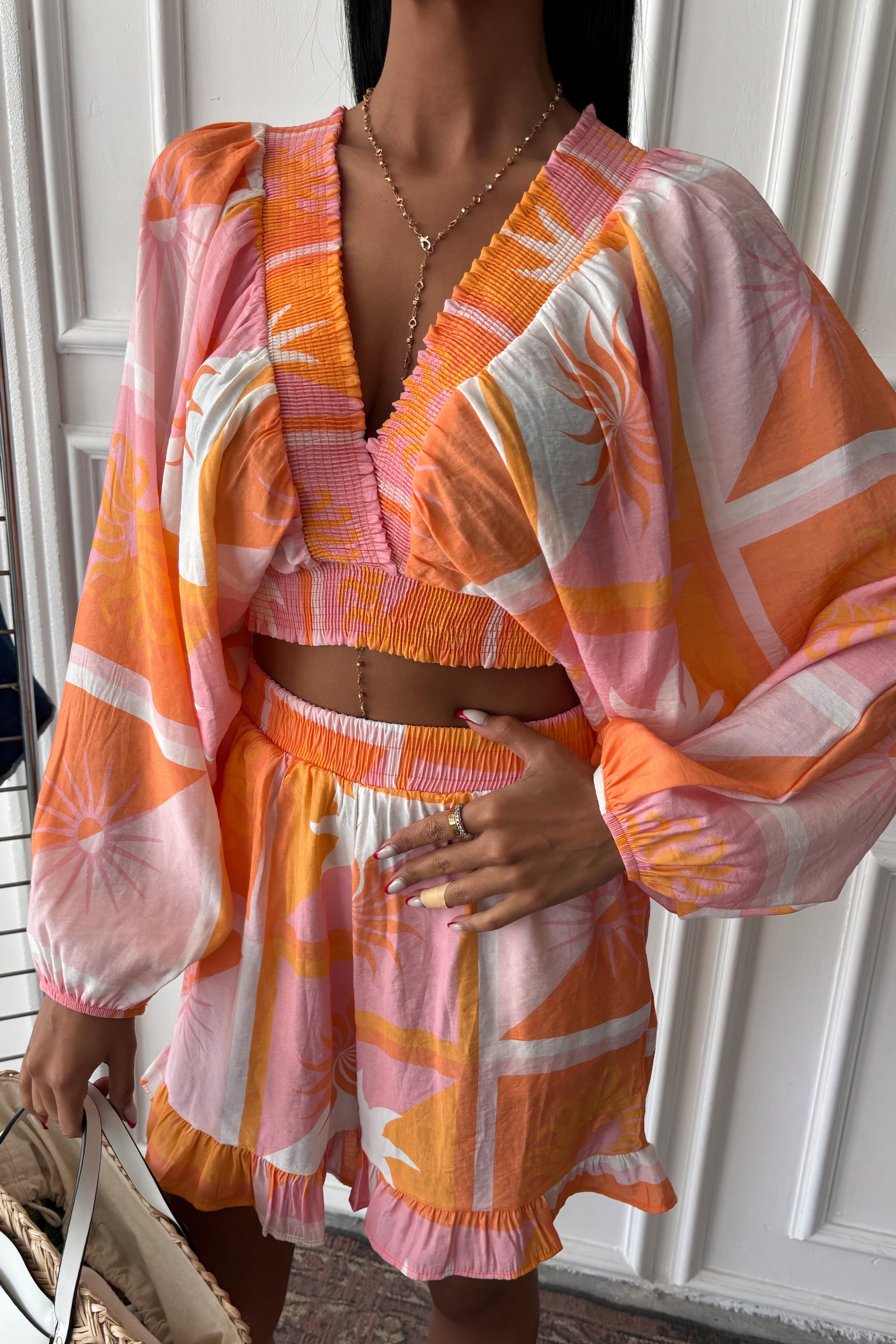 Yakası Gipeli ve Balon Kollu Desenli Modal Takım 10170 R5-D-K5