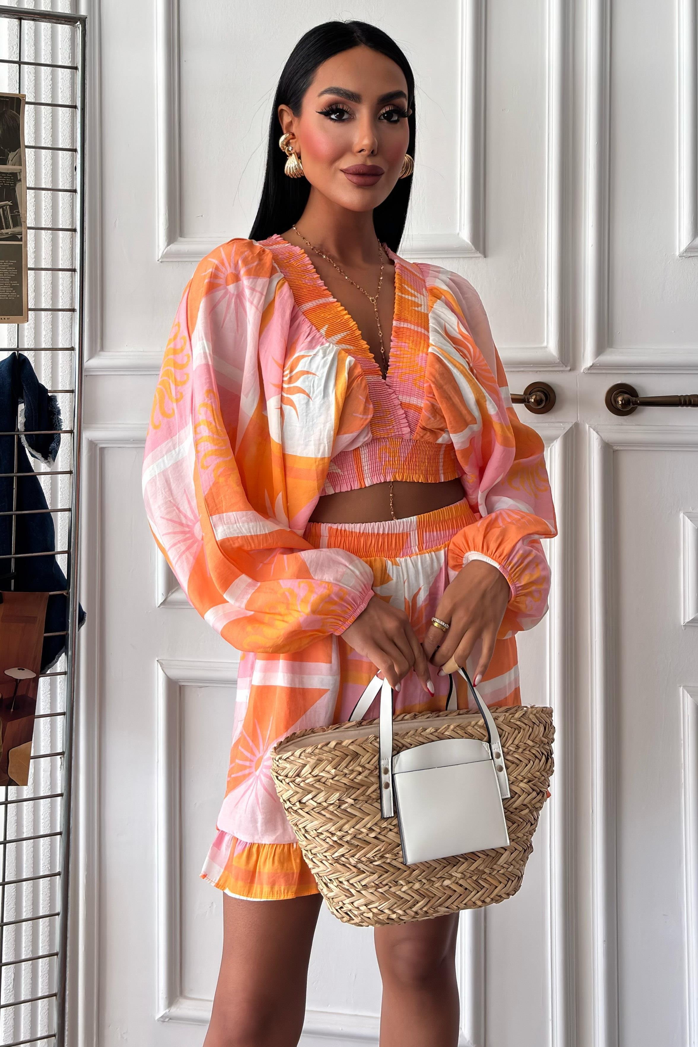 Yakası Gipeli ve Balon Kollu Desenli Modal Takım 10170 R5-D-K5