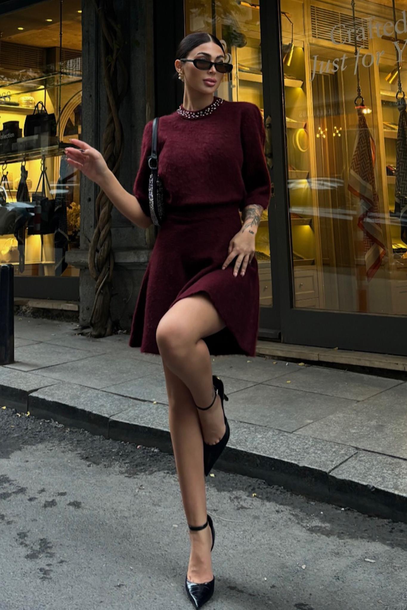 Yakası Taşlı Şardonlu Mini Etekli Takım 10002 R4-I-K3