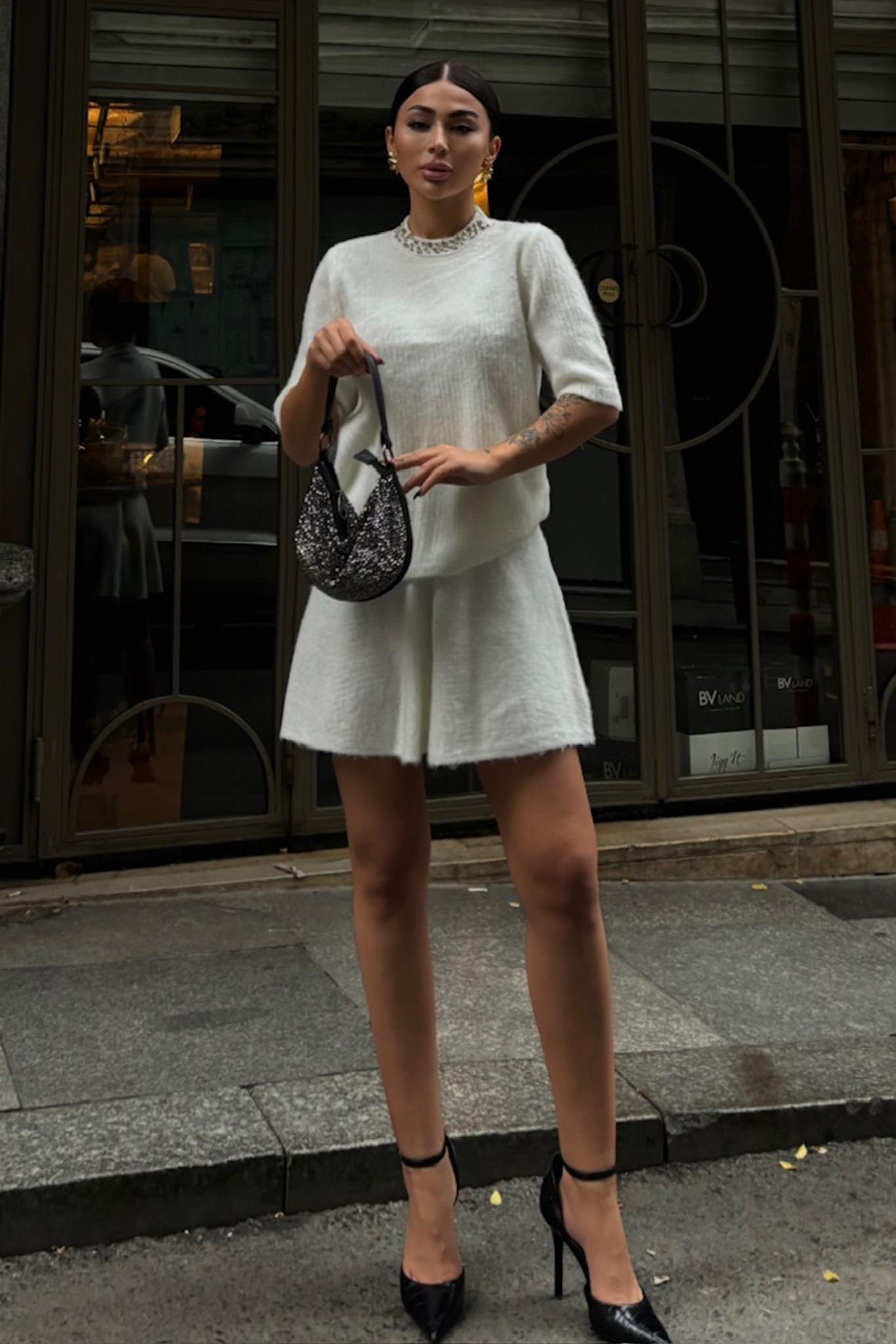 Yakası Taşlı Şardonlu Mini Etekli Takım 10002 R4-I-K3