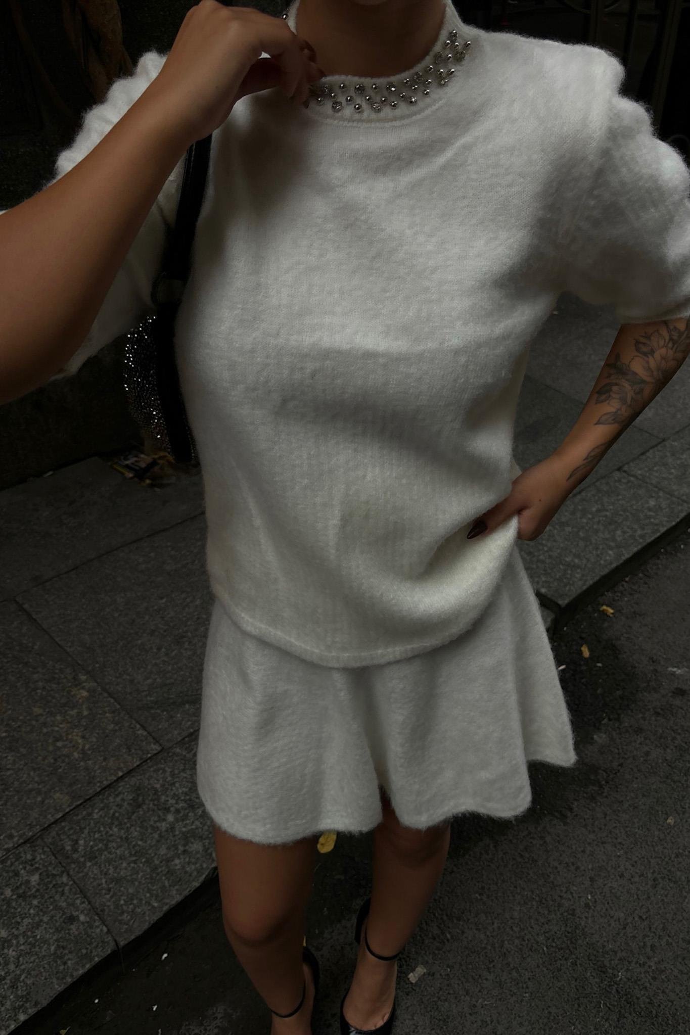 Yakası Taşlı Şardonlu Mini Etekli Takım 10002 R4-I-K3