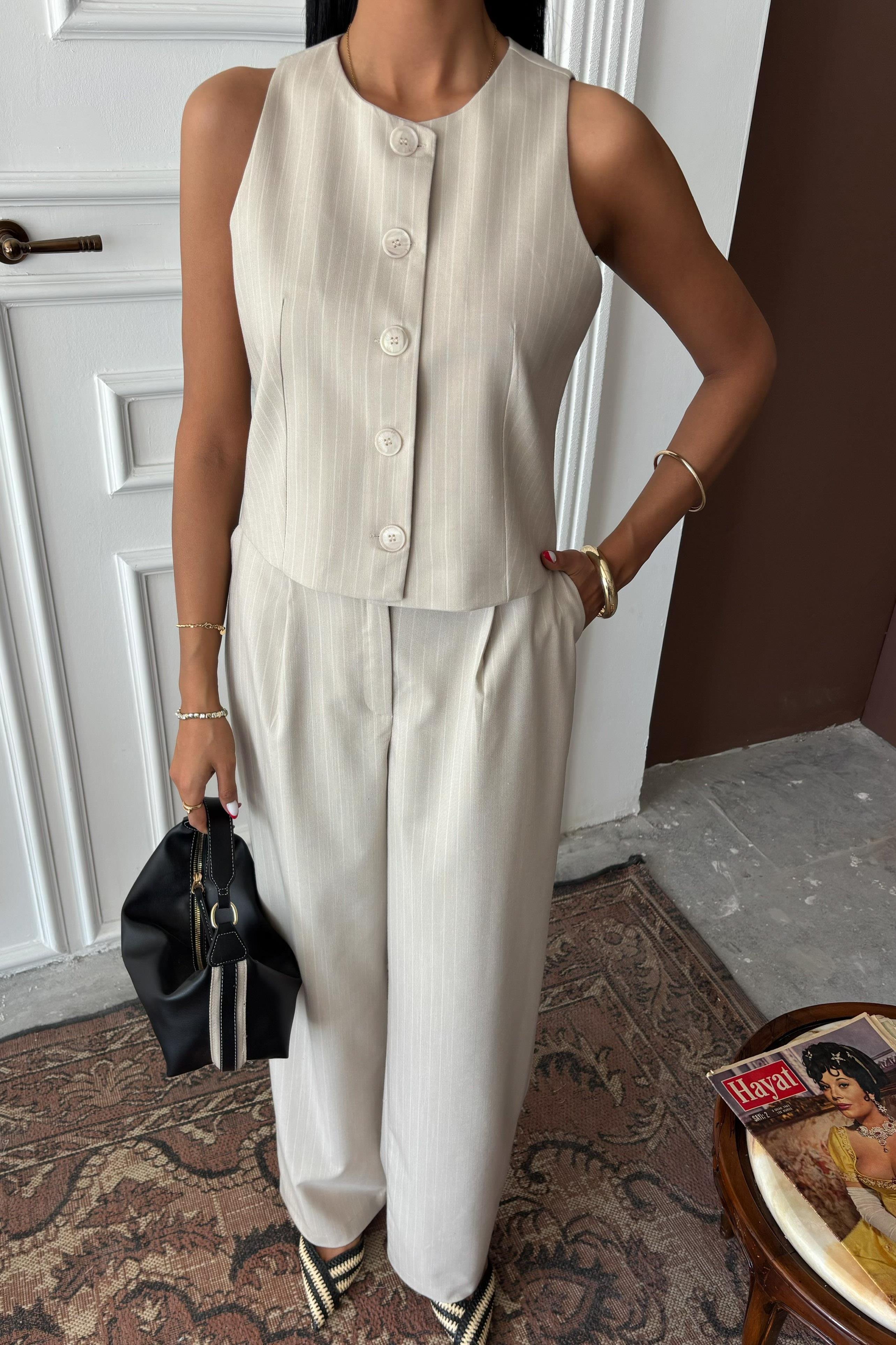 Yelek Plazzo Pantolon Çizgili Flamlı Poliviscon Takım 10178 R9-K-K3