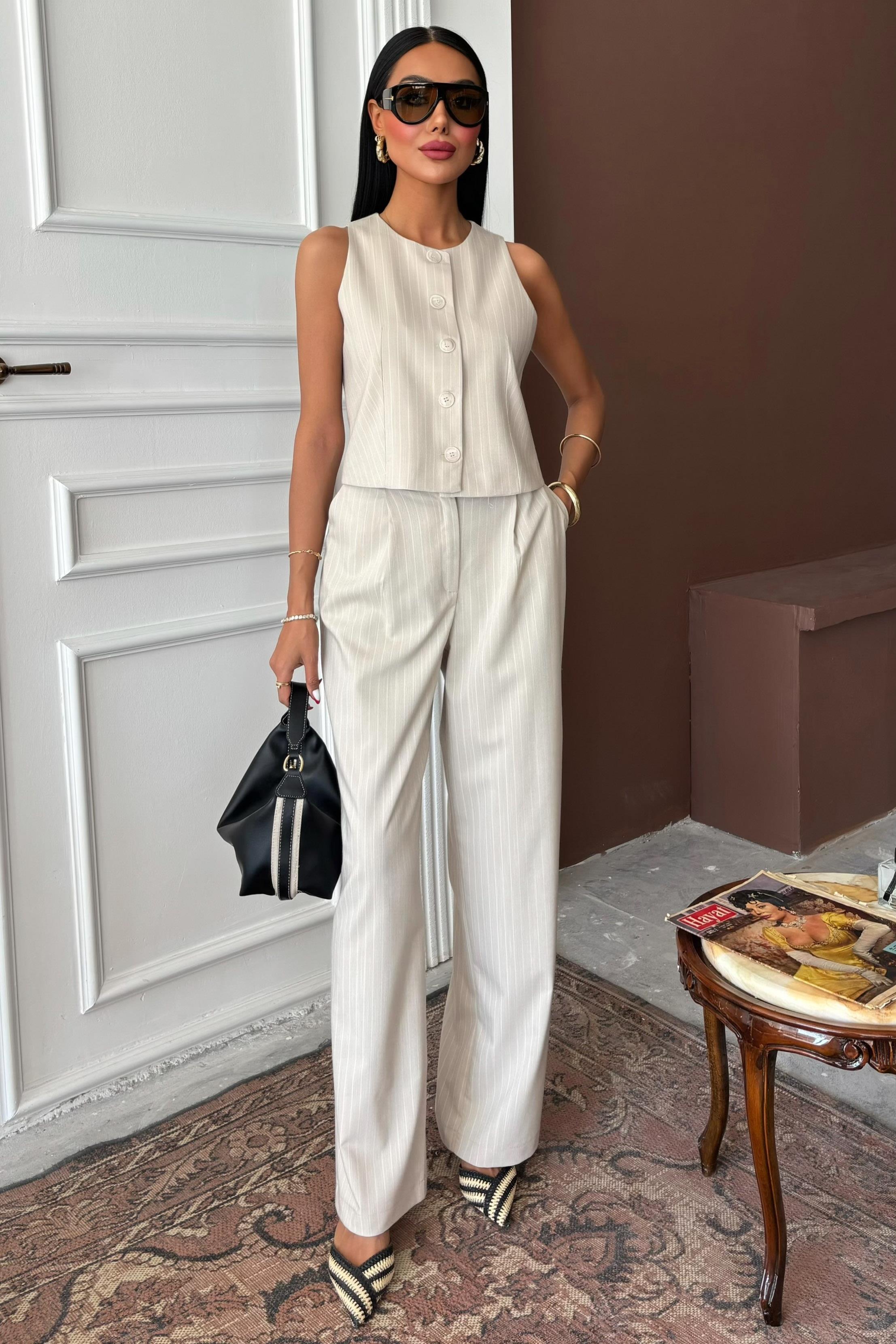 Yelek Plazzo Pantolon Çizgili Flamlı Poliviscon Takım 10178 R9-K-K3