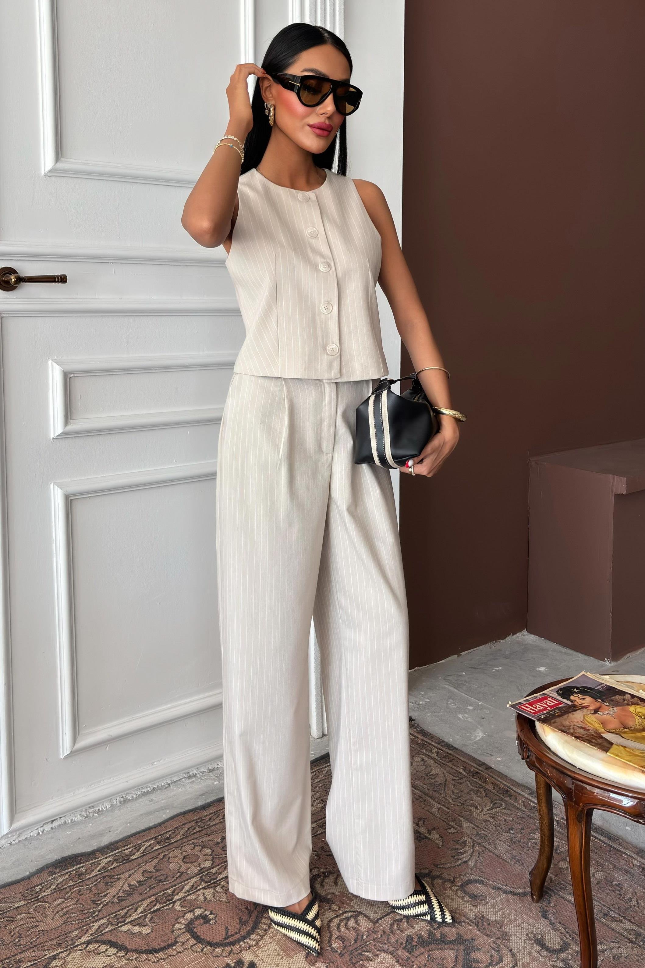 Yelek Plazzo Pantolon Çizgili Flamlı Poliviscon Takım 10178 R9-K-K3