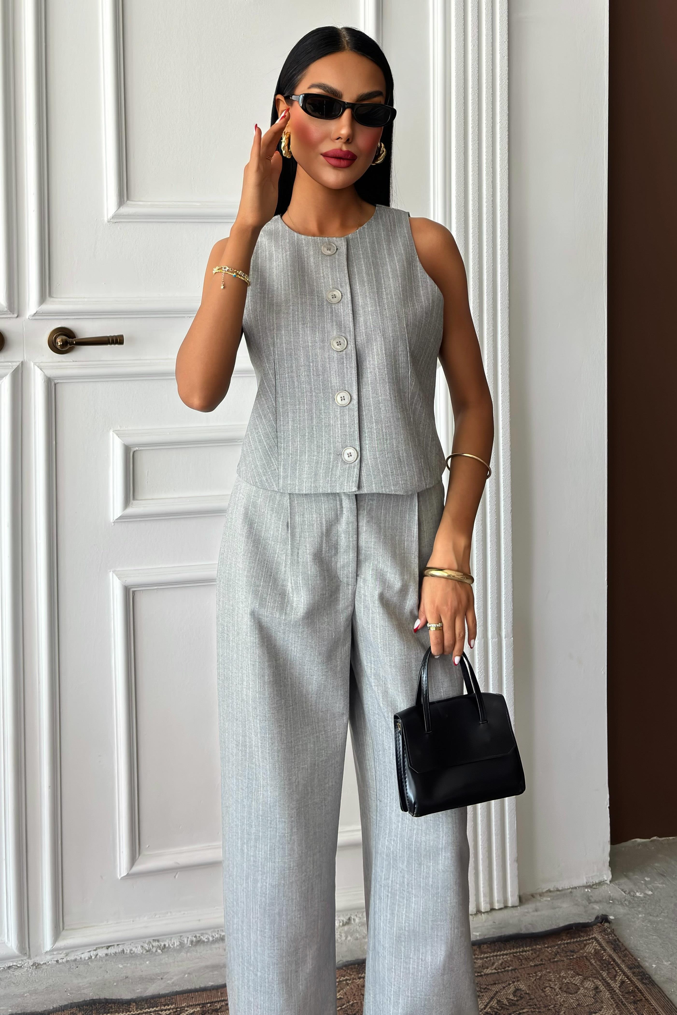 Yelek Plazzo Pantolon Çizgili Flamlı Poliviscon Takım 10178 R9-K-K3