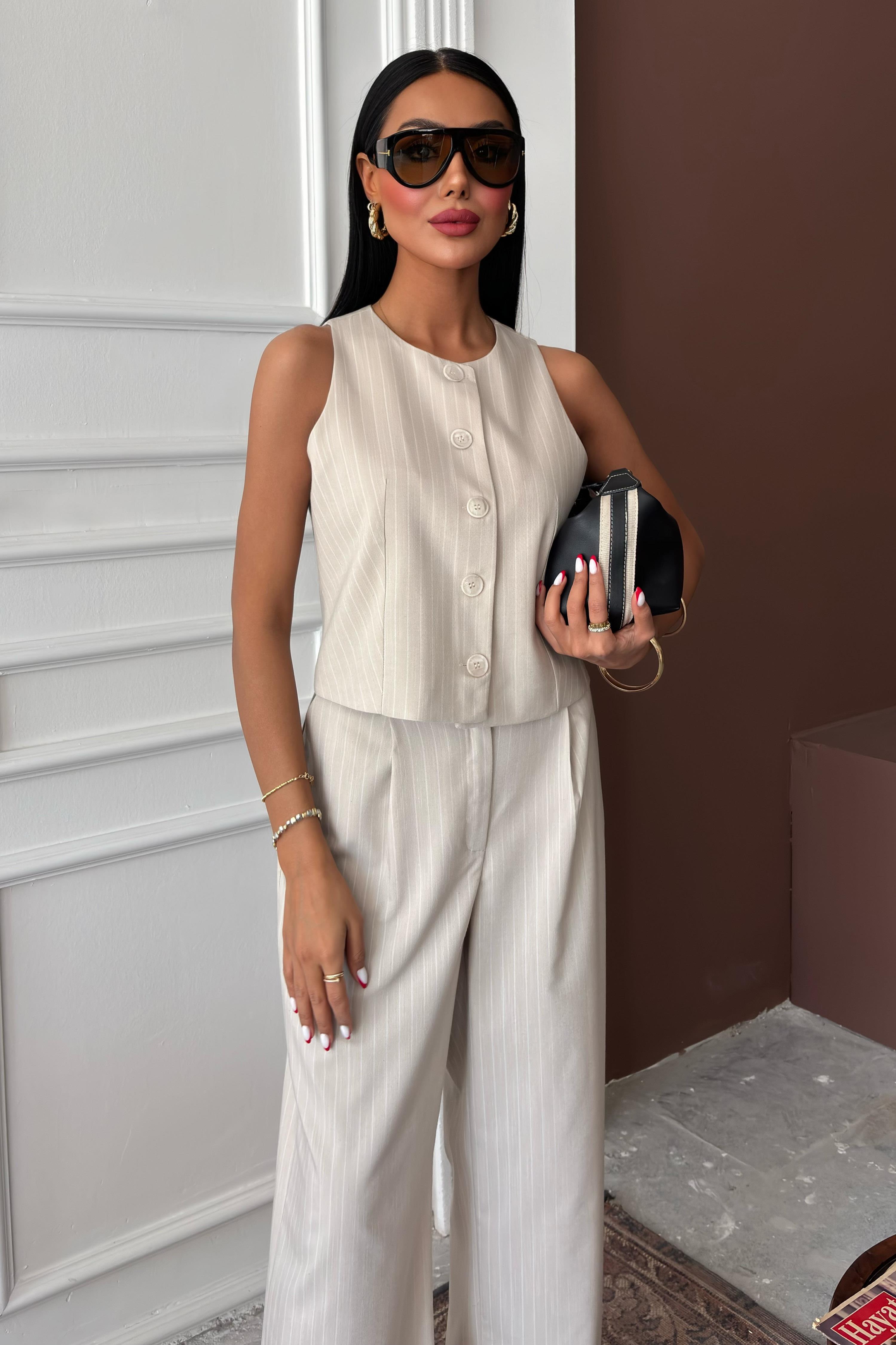 Yelek Plazzo Pantolon Çizgili Flamlı Poliviscon Takım 10178 R9-K-K3