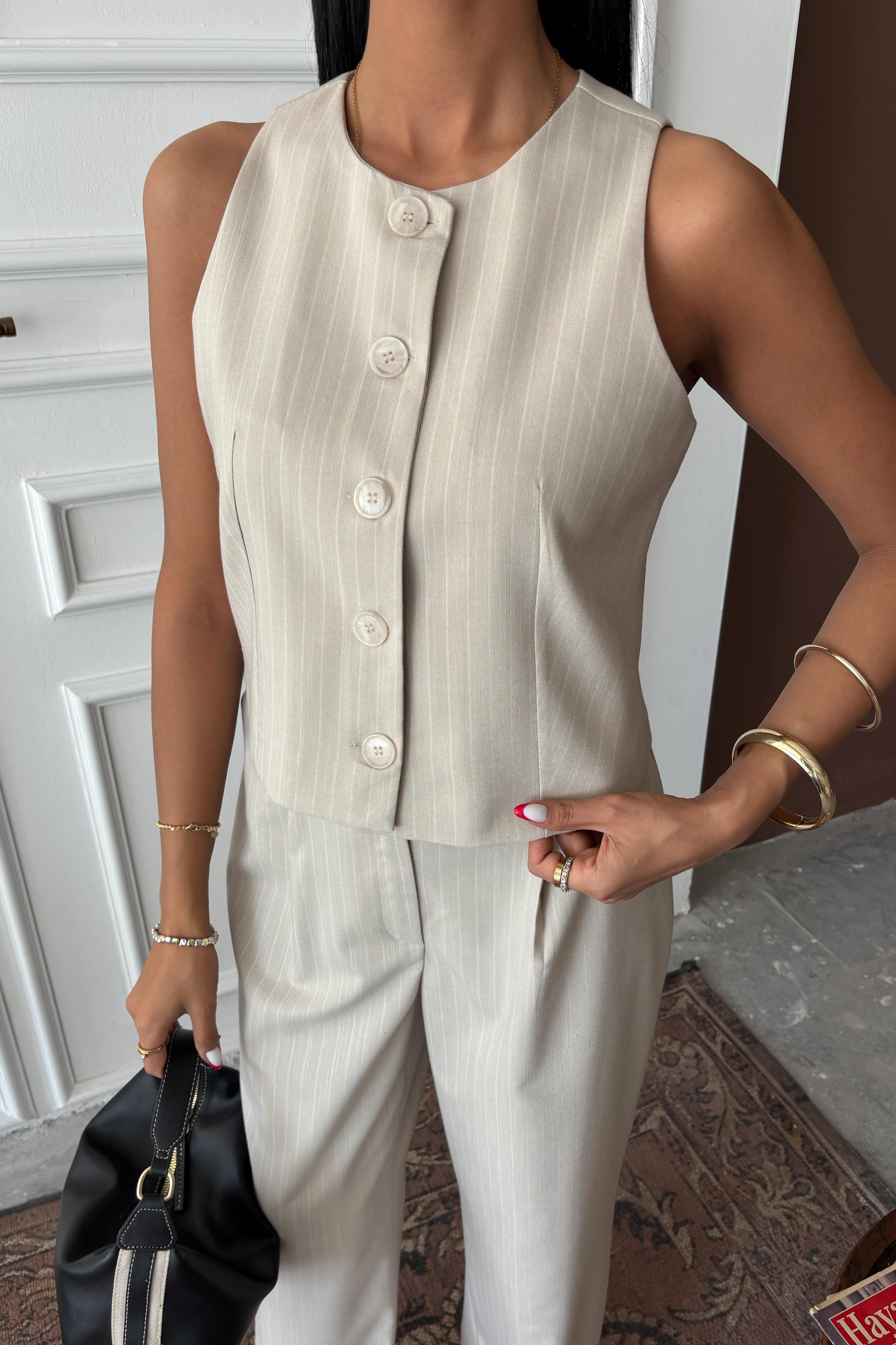 Yelek Plazzo Pantolon Çizgili Flamlı Poliviscon Takım 10178 R9-K-K3