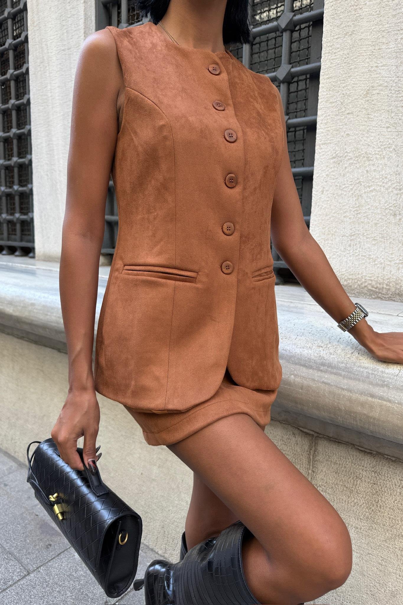 Yelek ve Mini Etekli İçi Astarlı Süet Takım 9998 R1-L-K4