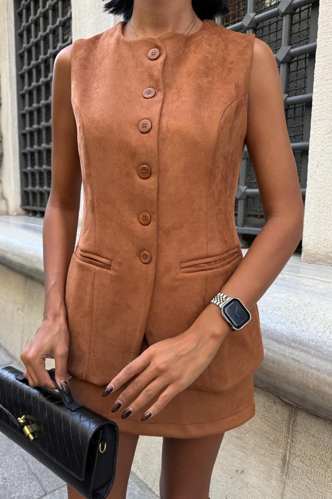 Yelek ve Mini Etekli İçi Astarlı Süet Takım 9998 R1-L-K4