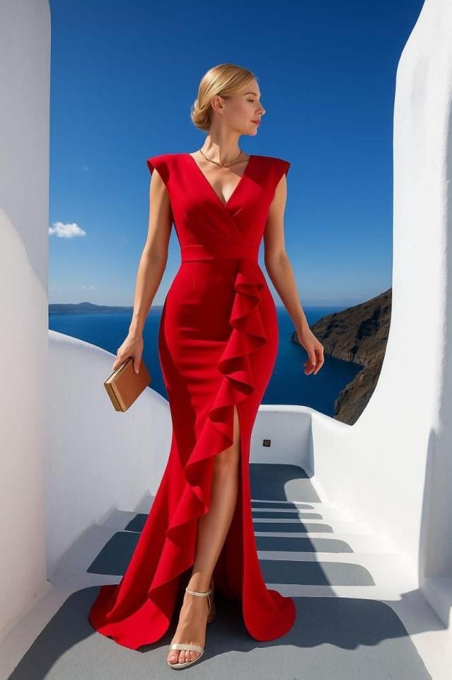 Yırmaçlı önü Fırfır Detay Scuba Crep Kumaş Abiye Elbise