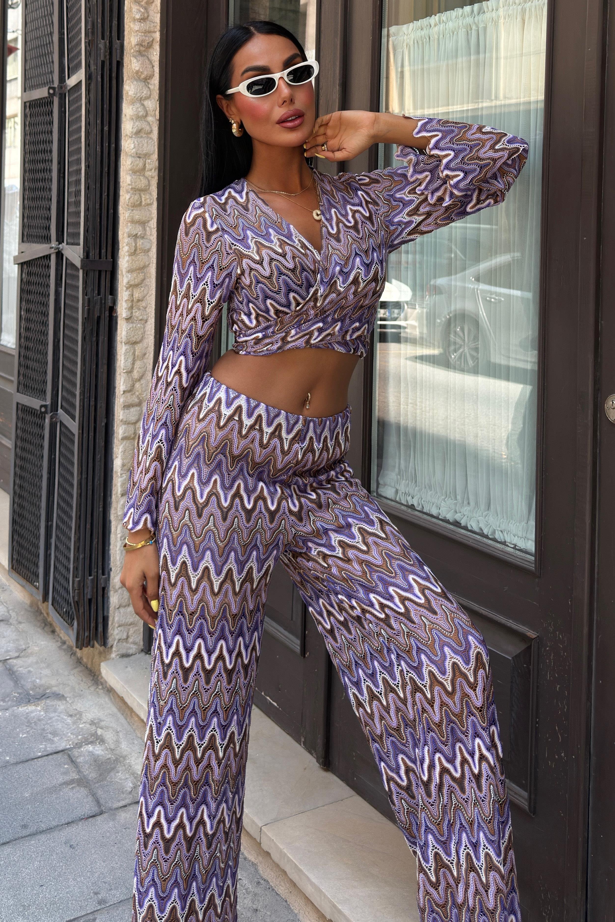 Zikzak Desenli ve Pantolonu Astarlı Kroşe Takım 9876 R5-A-K3