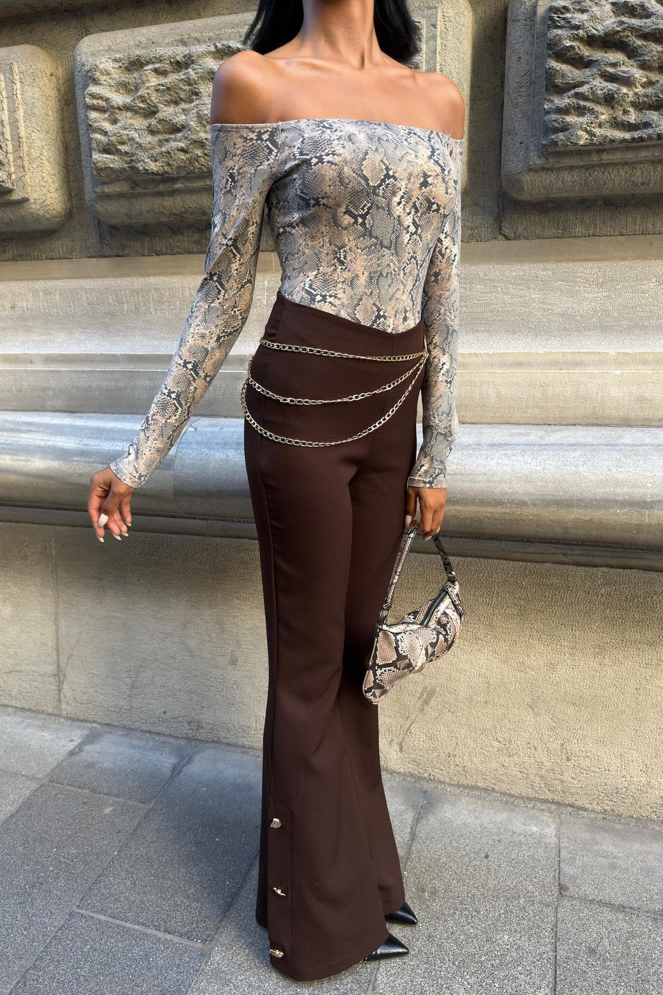 Zincir ve Düğme Detaylı İspanyol Pantolon 0089 R7-D-K3