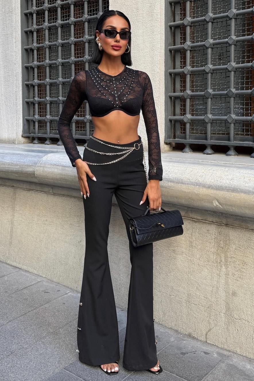 Zincir ve Düğme Detaylı İspanyol Pantolon 0089 R7-D-K3