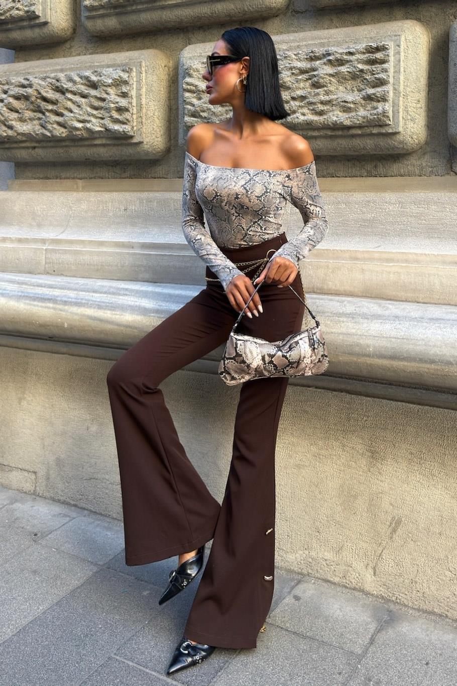 Zincir ve Düğme Detaylı İspanyol Pantolon 0089 R7-D-K3