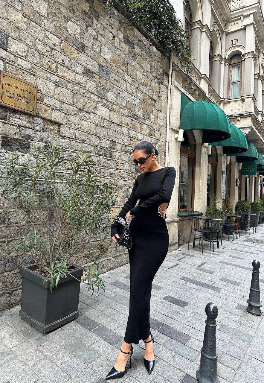 Zr model bel aksesuarlı triko elbise - SİYAH