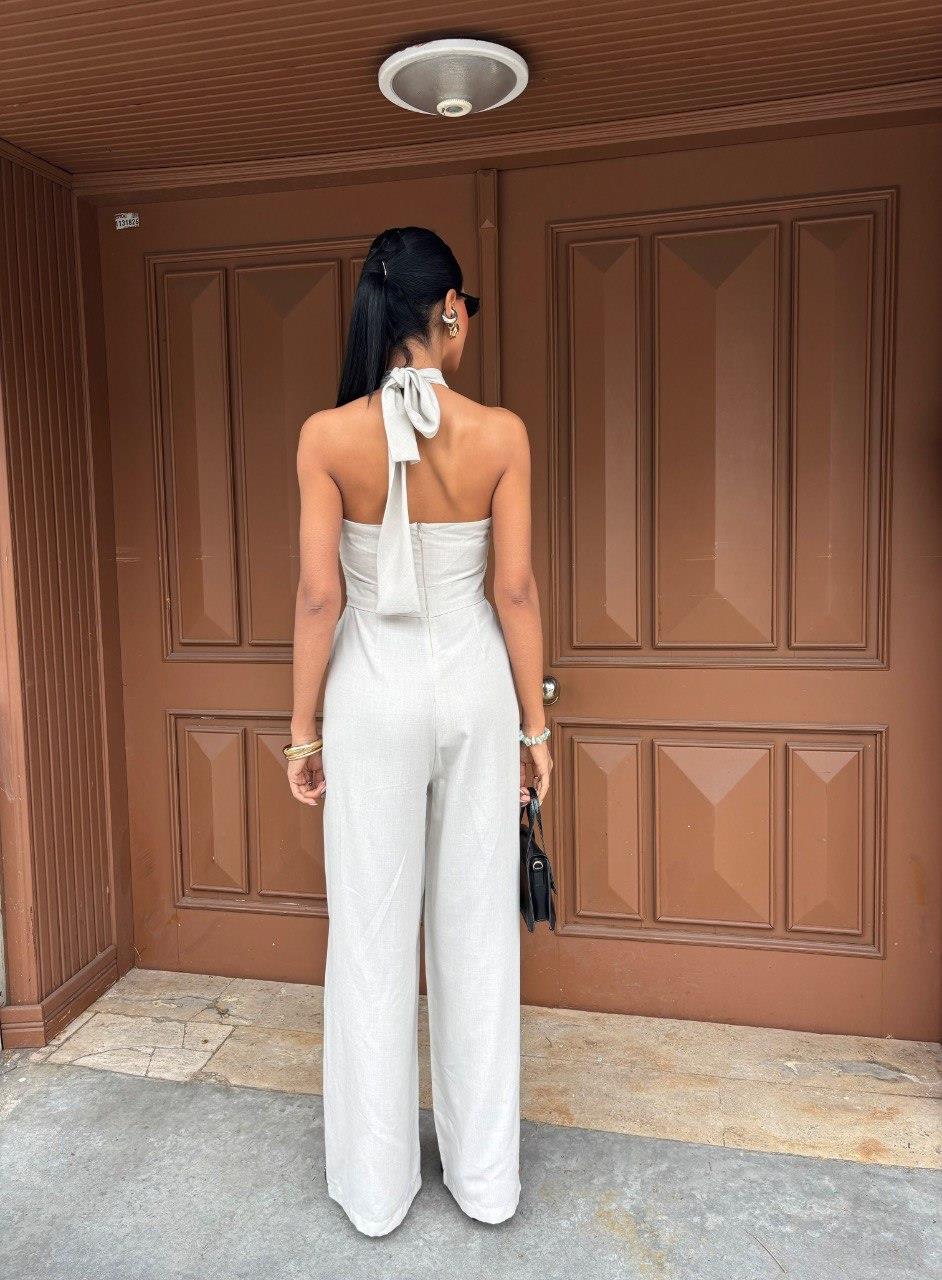 Zr model boyundan bağlamalı premium keten tulum - Taş