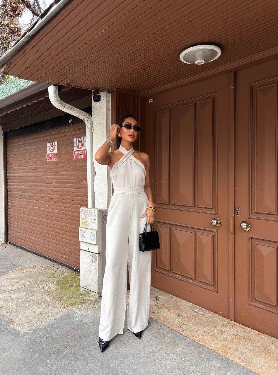 Zr model boyundan bağlamalı premium keten tulum - Taş