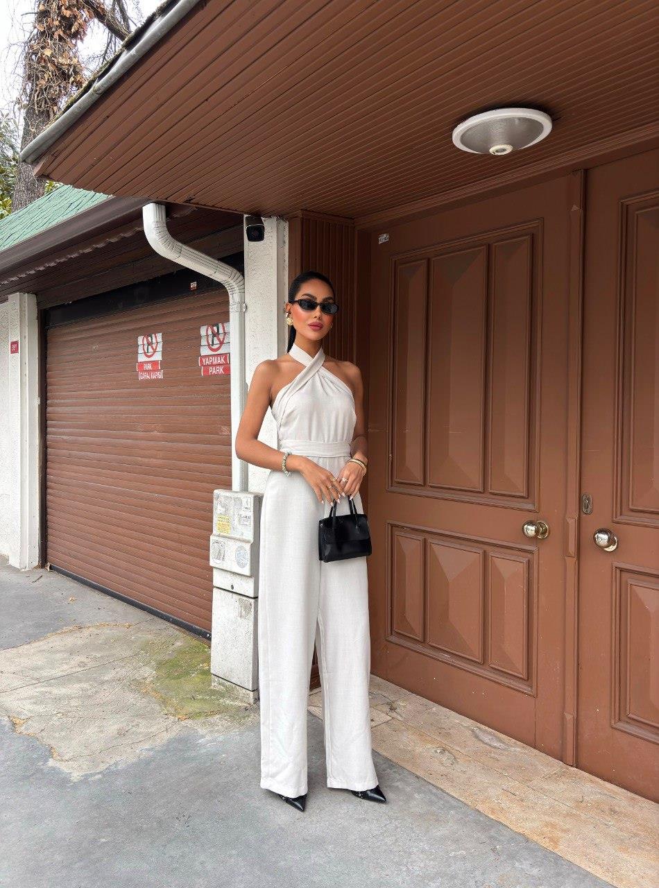 Zr model boyundan bağlamalı premium keten tulum - Taş