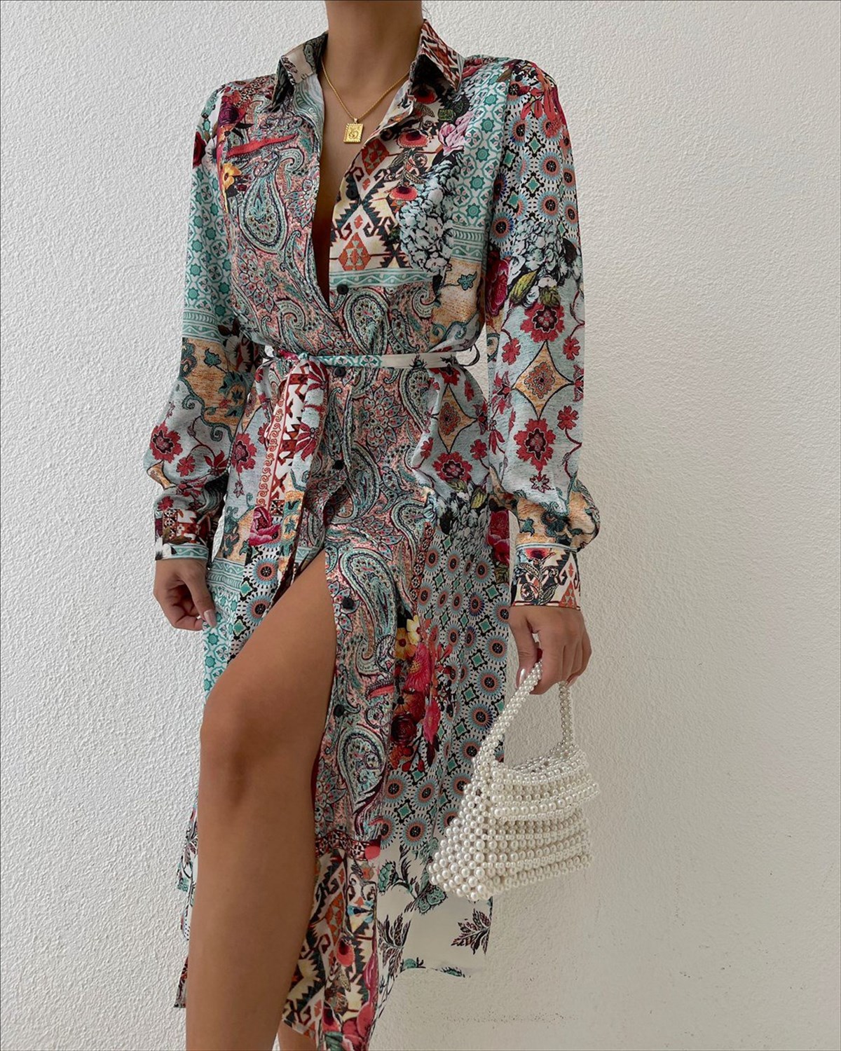 Zr model desenli gömlek elbise - MULTİ