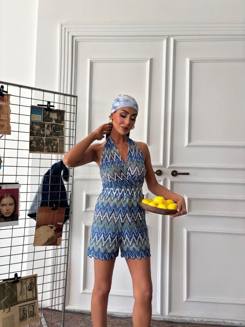 Zr Model Desenli Şort Tulum - Mavi