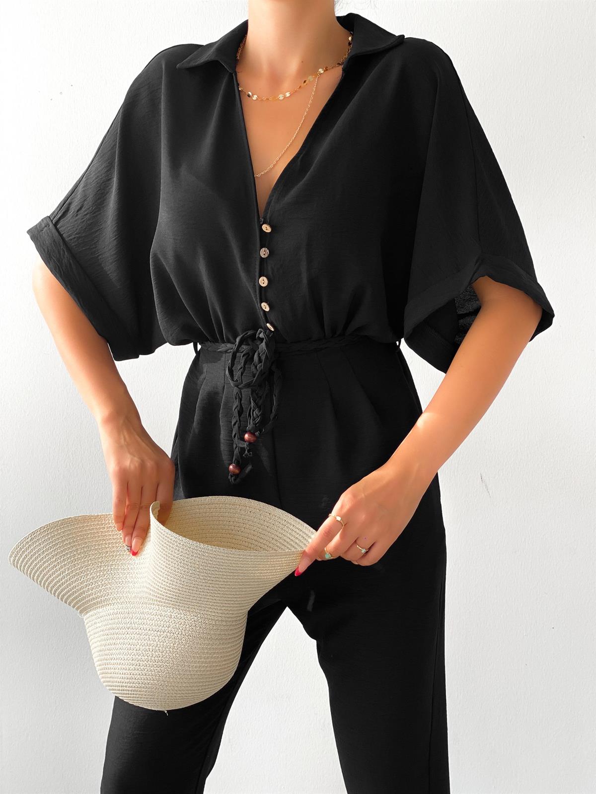 Zr model düğme detay tulum  - SİYAH