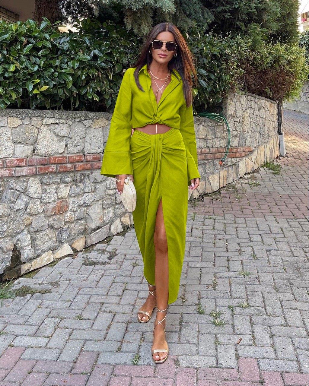 Zr model etekli keten ikili takım - YEŞİL