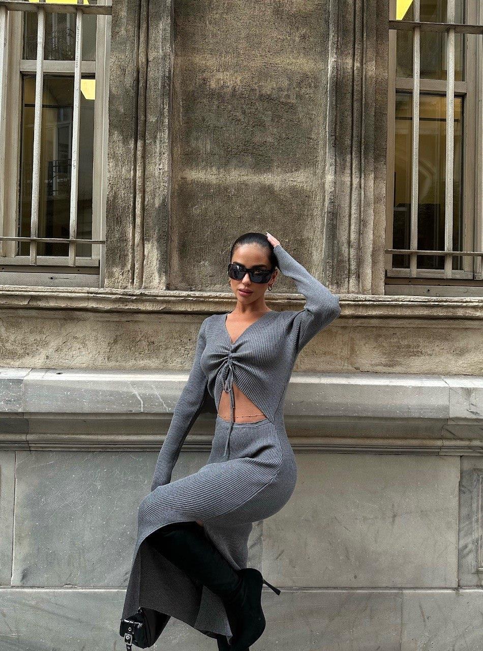 Zr model önü büzgülü triko elbise - GRİ