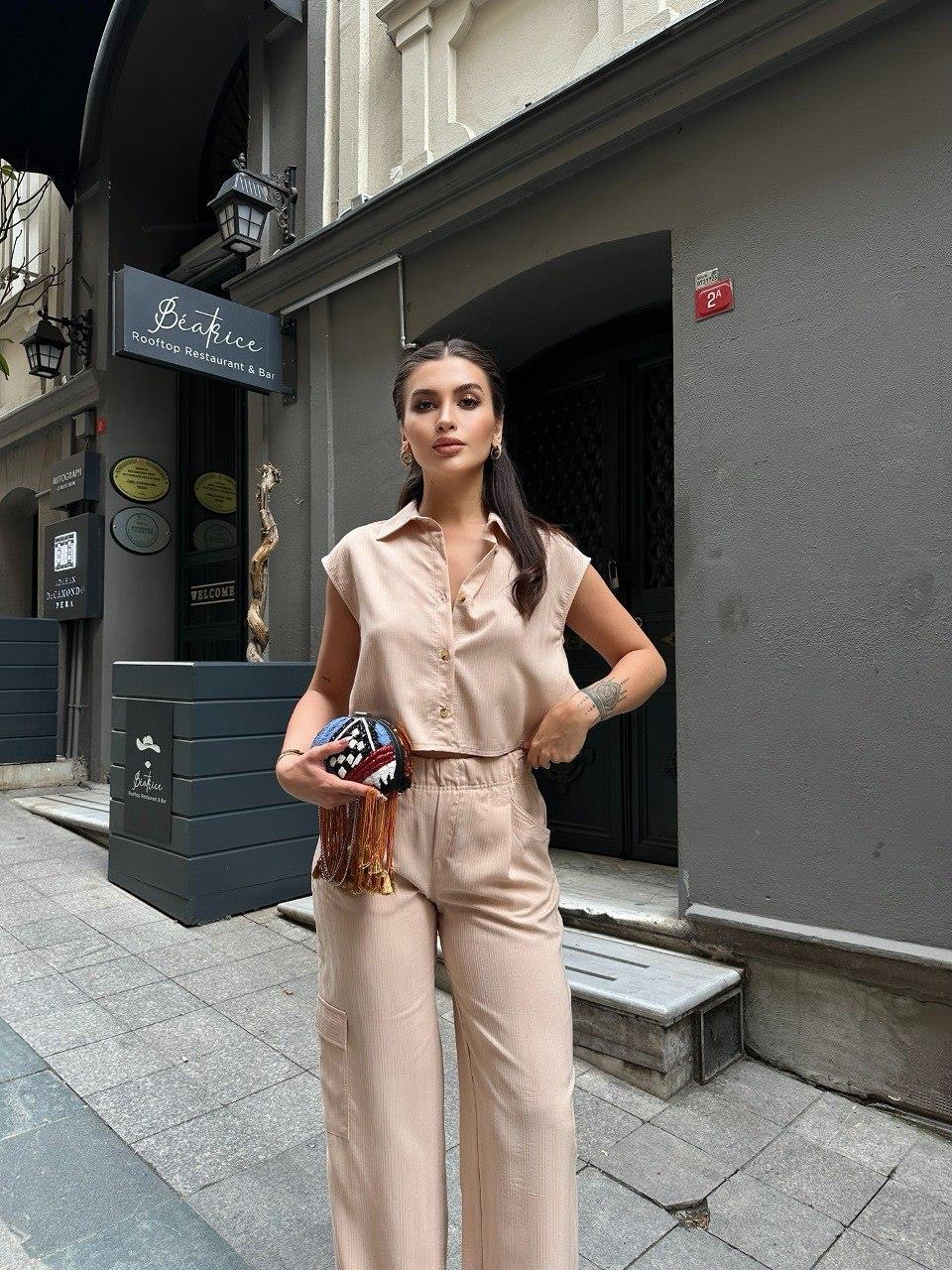 ZR model pamuklu gömek pantolon takım - BEJ