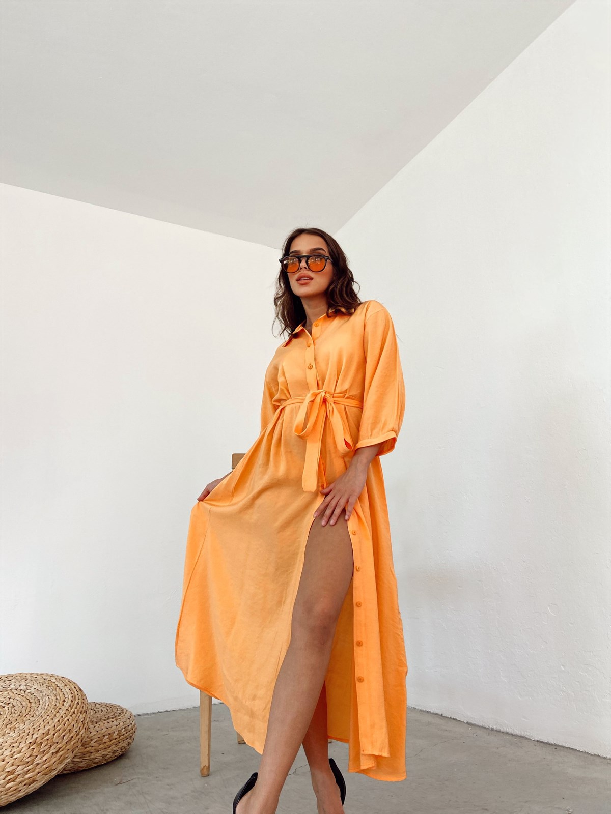 Zr model pamuklu gömlek elbise - ORANJ