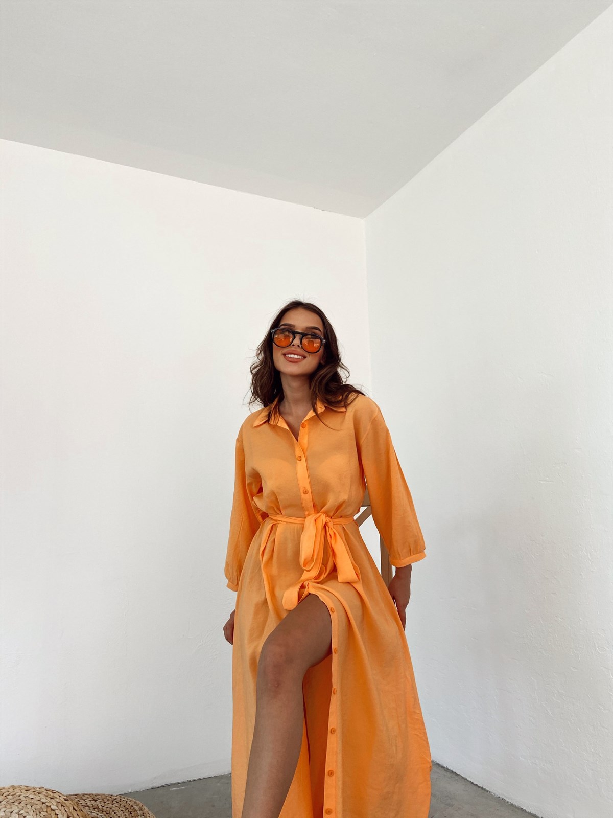 Zr model pamuklu gömlek elbise - ORANJ