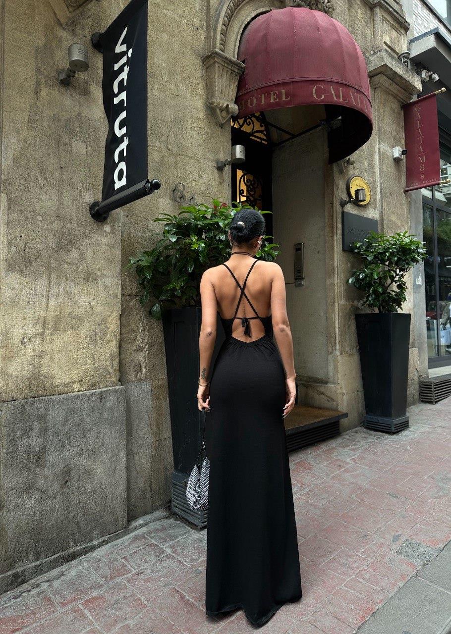 Zr Model Sırt Detay Gül Tasarım Elbise - Siyah