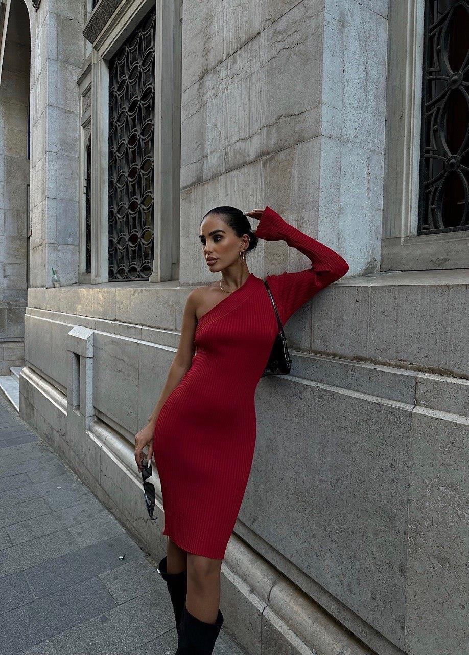 Zr model tek omuz triko elbise- KIRMIZI