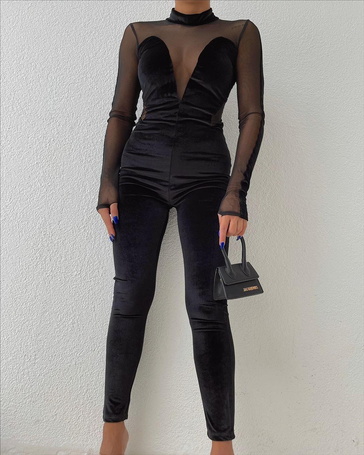 Zr model tül detay kadife tulum  - SİYAH