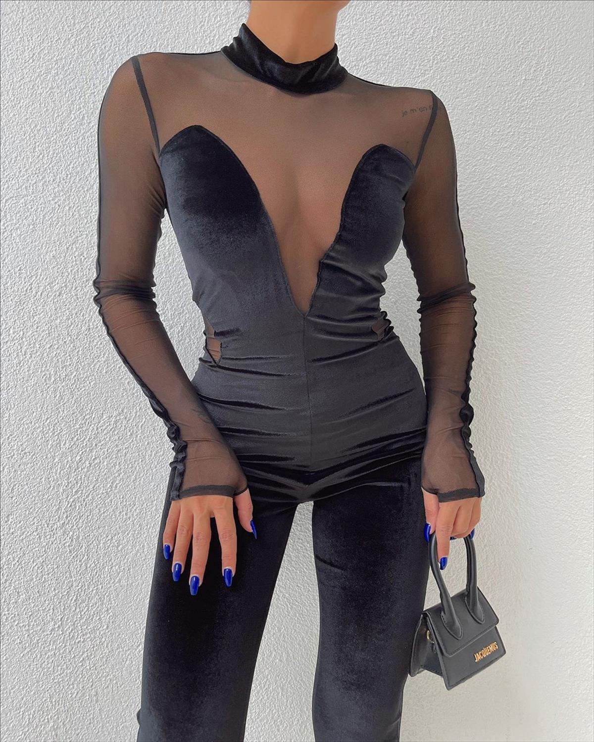 Zr model tül detay kadife tulum  - SİYAH