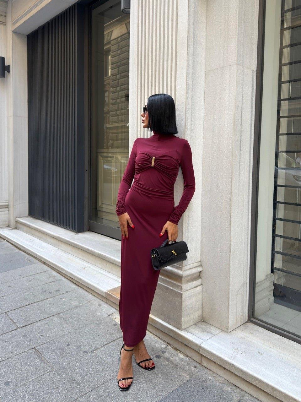 Zr Model Yaka Detay Drapeli Premium Elbise - Bordo