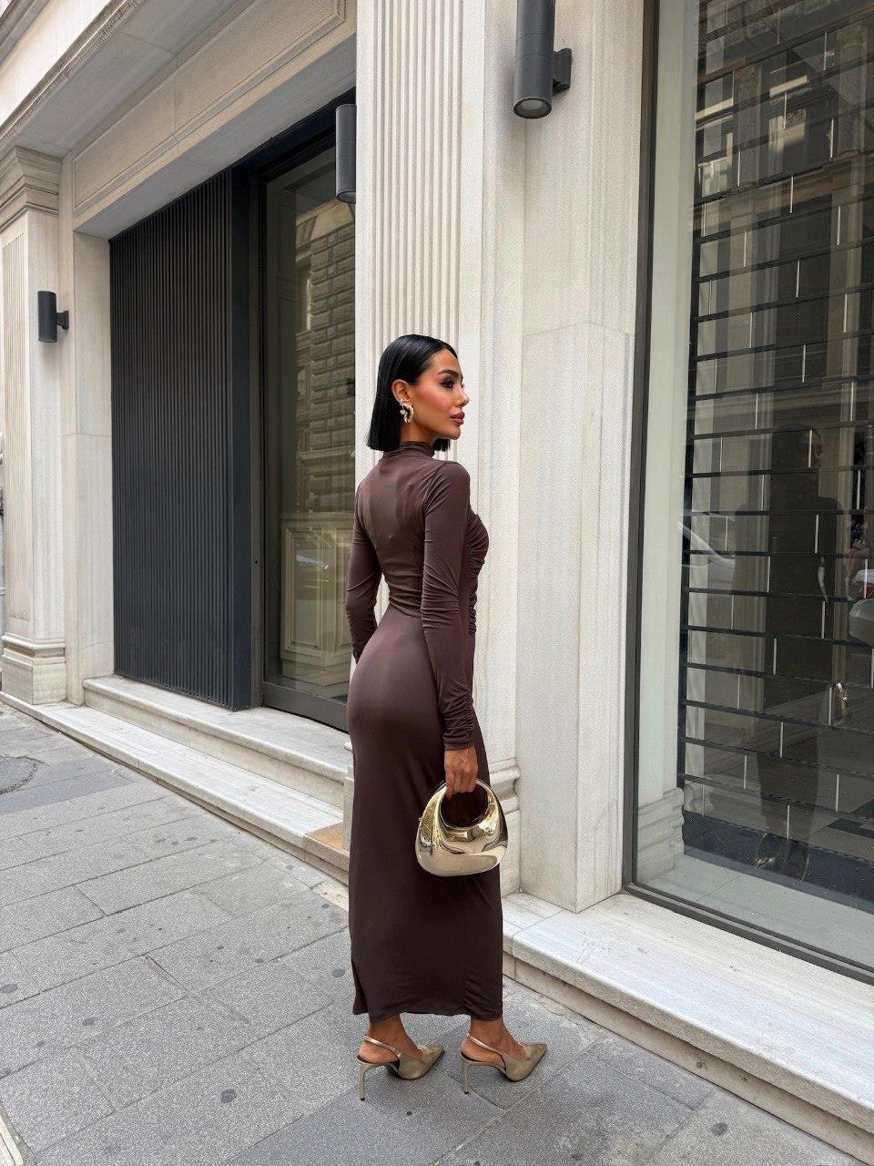 Zr Model Yaka Detay Drapeli Premium Elbise - Kahve