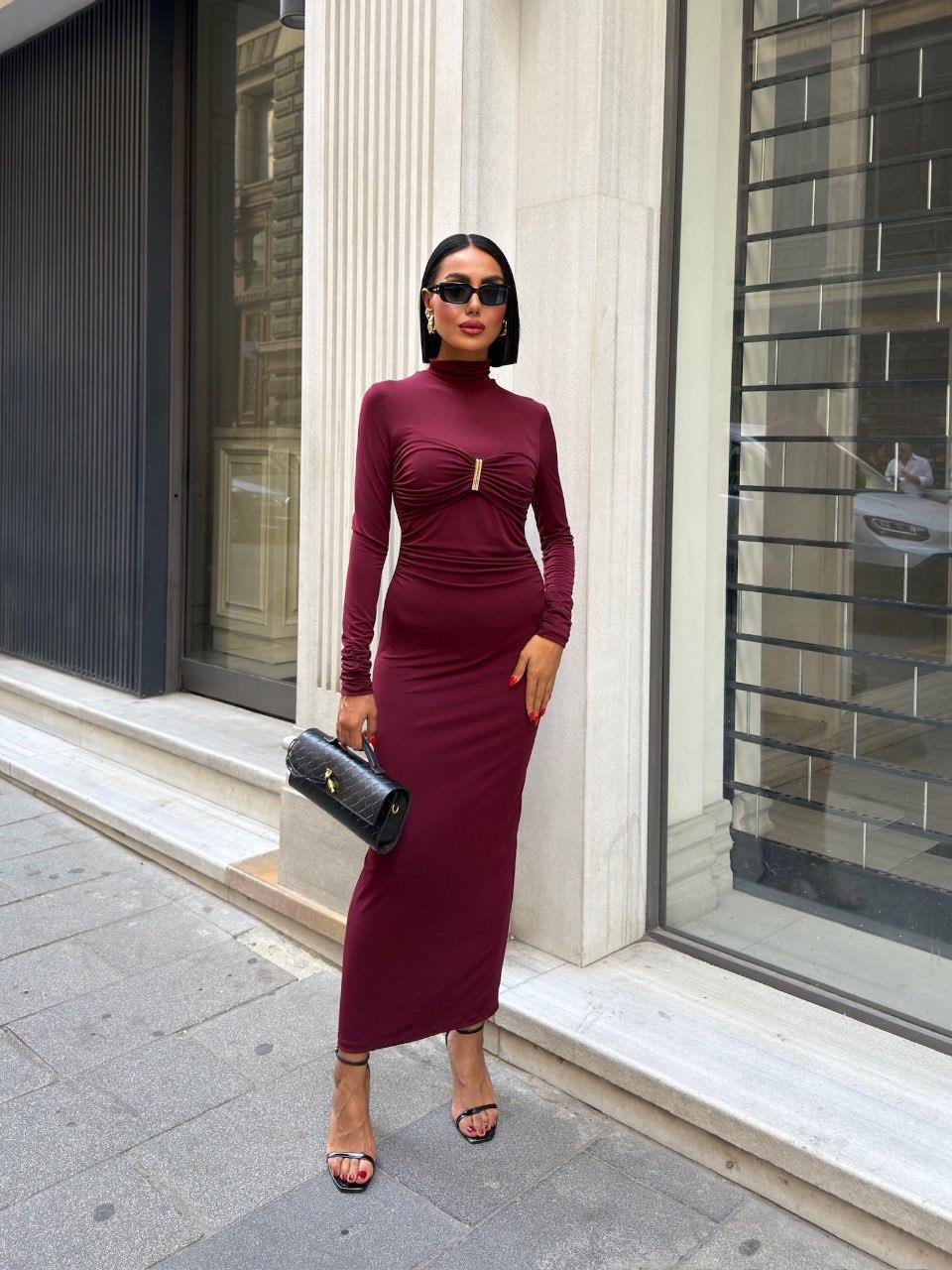 Zr Model Yaka Detay Drapeli Premium Elbise - Bordo