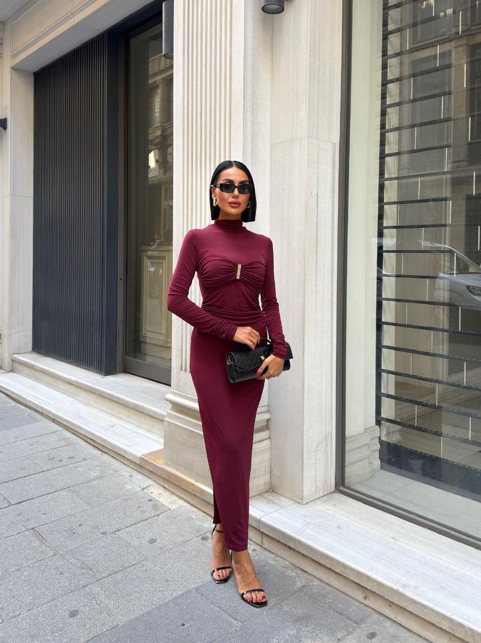 Zr Model Yaka Detay Drapeli Premium Elbise - Bordo