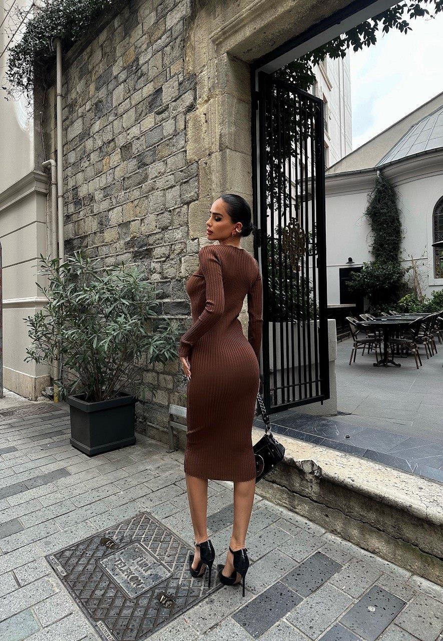 Zr model yaka detay elbise - KAHVE
