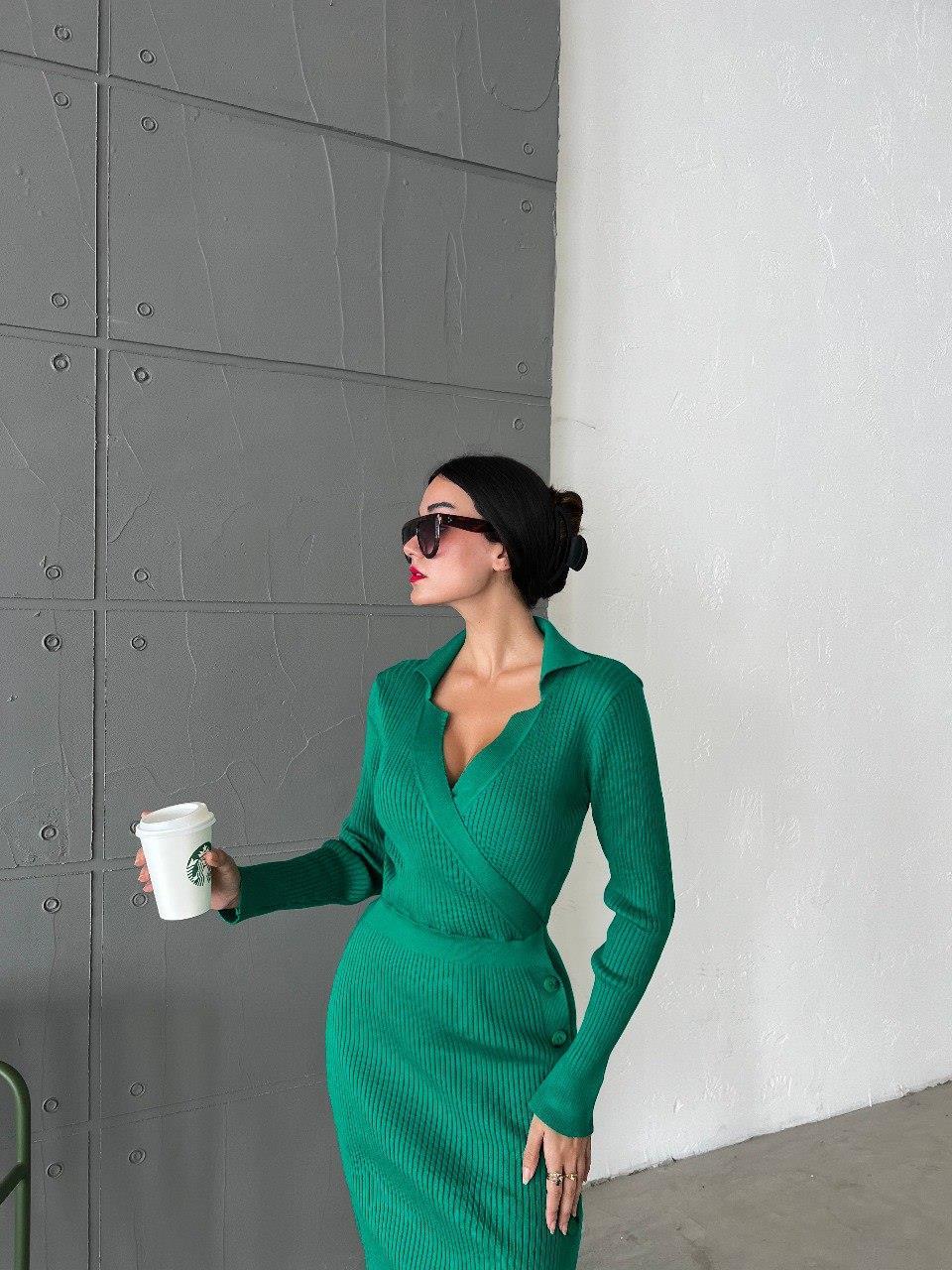 Zr model yaka detay yırtmaçlı triko elbise - YEŞİL