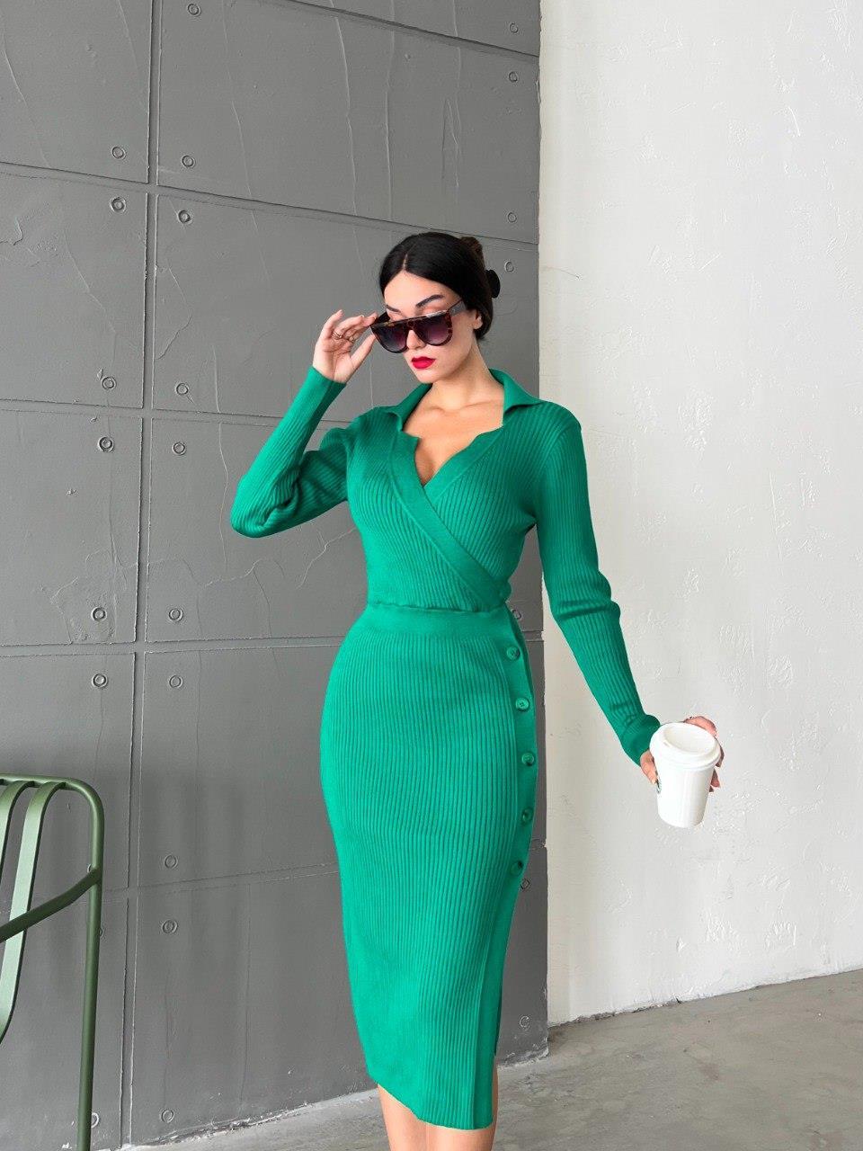 Zr model yaka detay yırtmaçlı triko elbise - YEŞİL