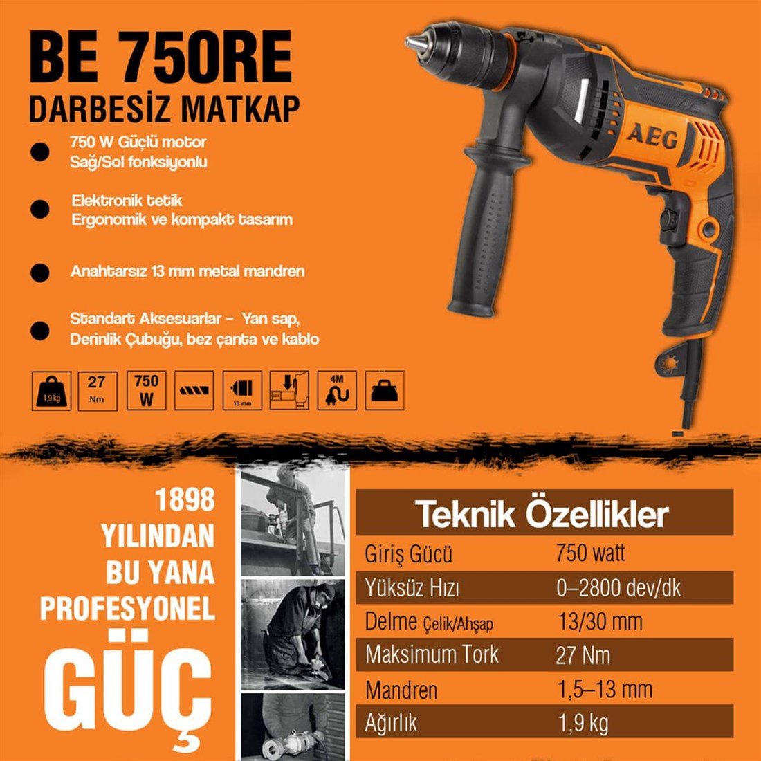 AEG BE 750RE Darbesiz Matkap 750W - T4935449160