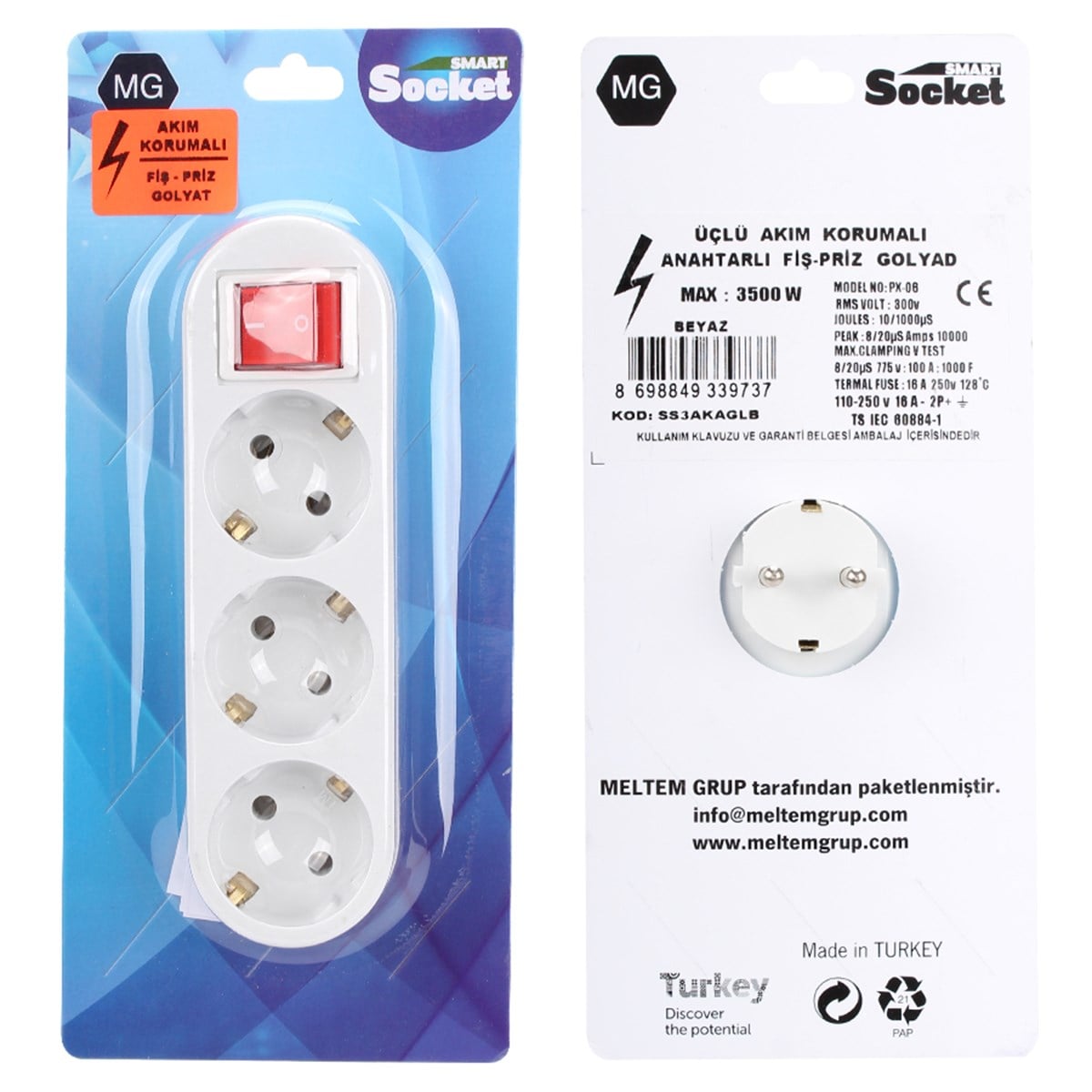 ALKAN SMART SOKET 3LÜ GOLYAD ANAHTARLI PRİZ AKIM KORUMALI