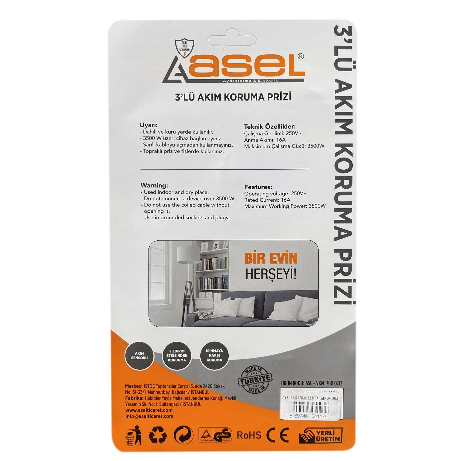 Asel 3'Lü Akım Korumalı 1,5mt Kablo Priz