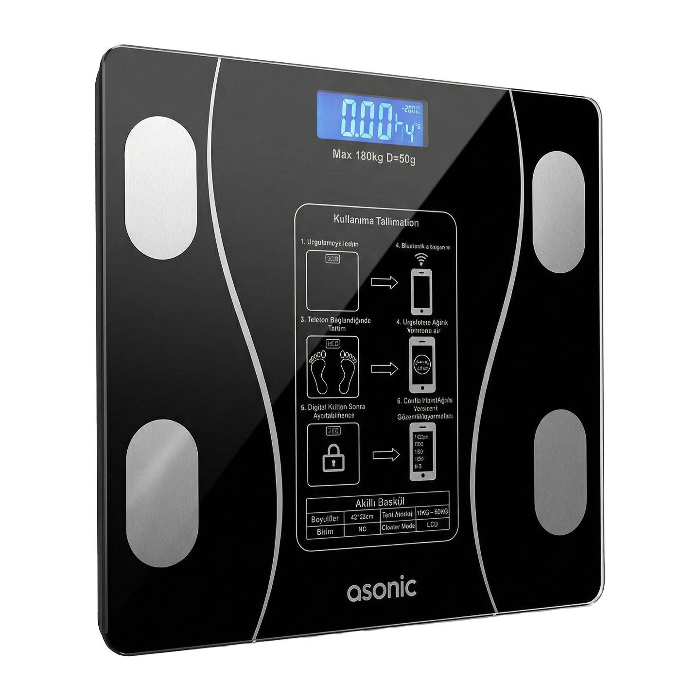 Asonic BS260 Siyah 260*260Mm - 2*AAA Pil Hediyeli Dijital Bluetooth Baskül - 42198