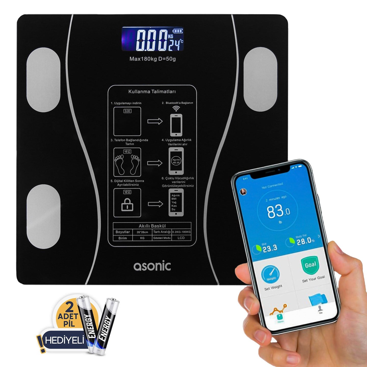 Asonic BS260 Siyah 260*260Mm - 2*AAA Pil Hediyeli Dijital Bluetooth Baskül - 42198